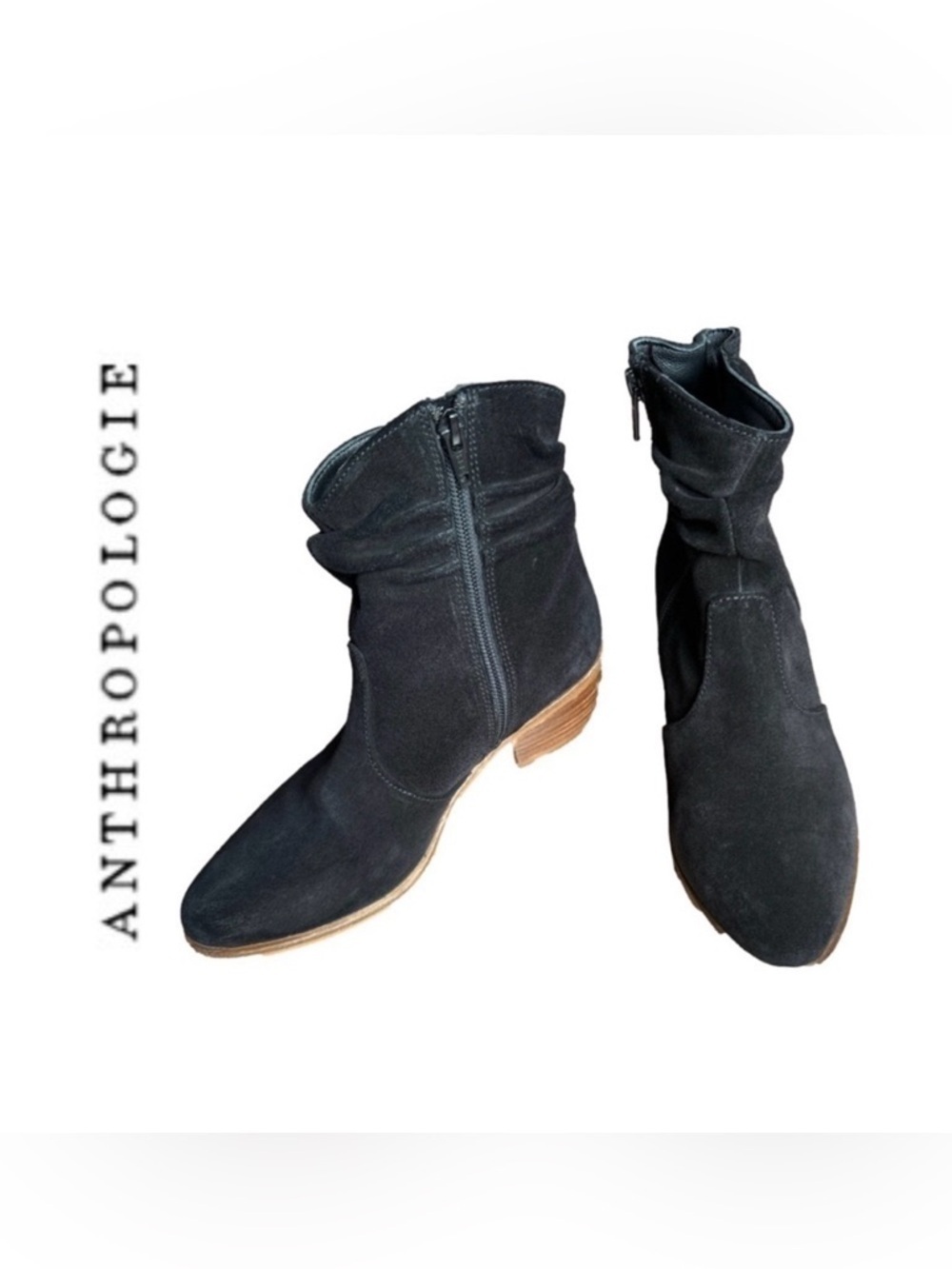 Anthropologie Barcelona Black Suede Ankle Block Heel Booties Boots size 6 - Picture 2 of 15